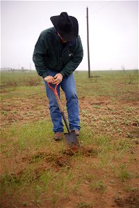A soil scientists uses a Sharp Shooter to dig beneath the soil surface to determine soil health after a wildfire three weeks earlier. photo