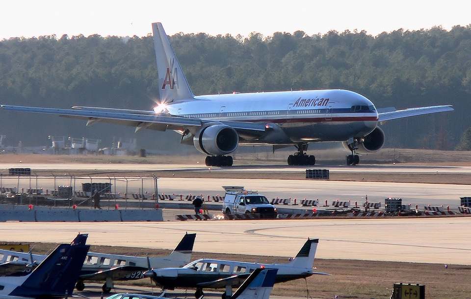 Boeing 777-200ER airliner touches down