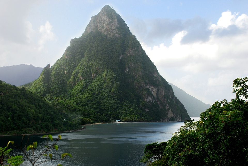 Twin piton peaks and volcano mountains