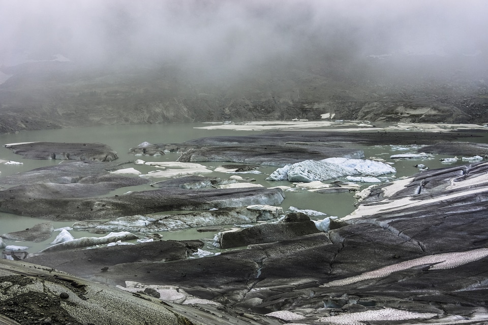 melting Rhone glacier and lake, Switzerland
