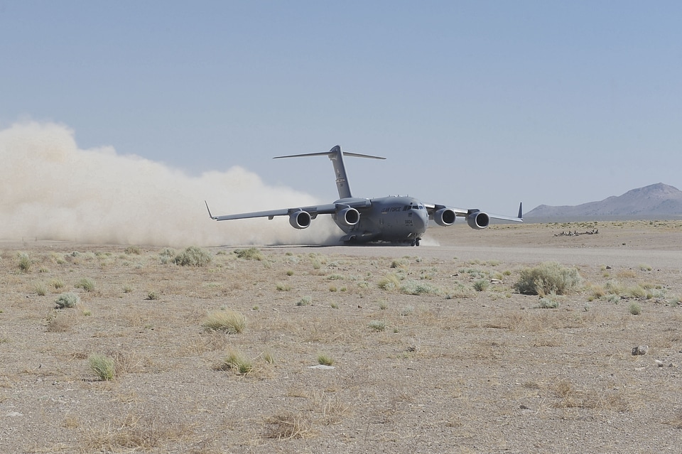 A C-17 Globemaster III taxies in at the Nevada