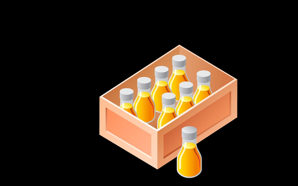 A wooden box of bottles