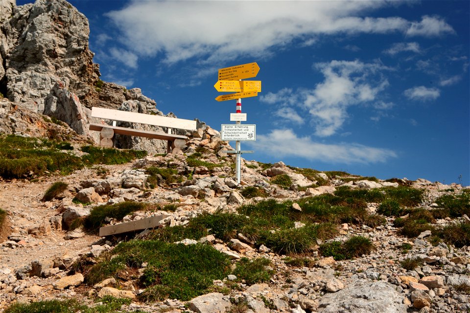 Signpost at Karwendelspitze in Mittenwald, Bavaria, Germany