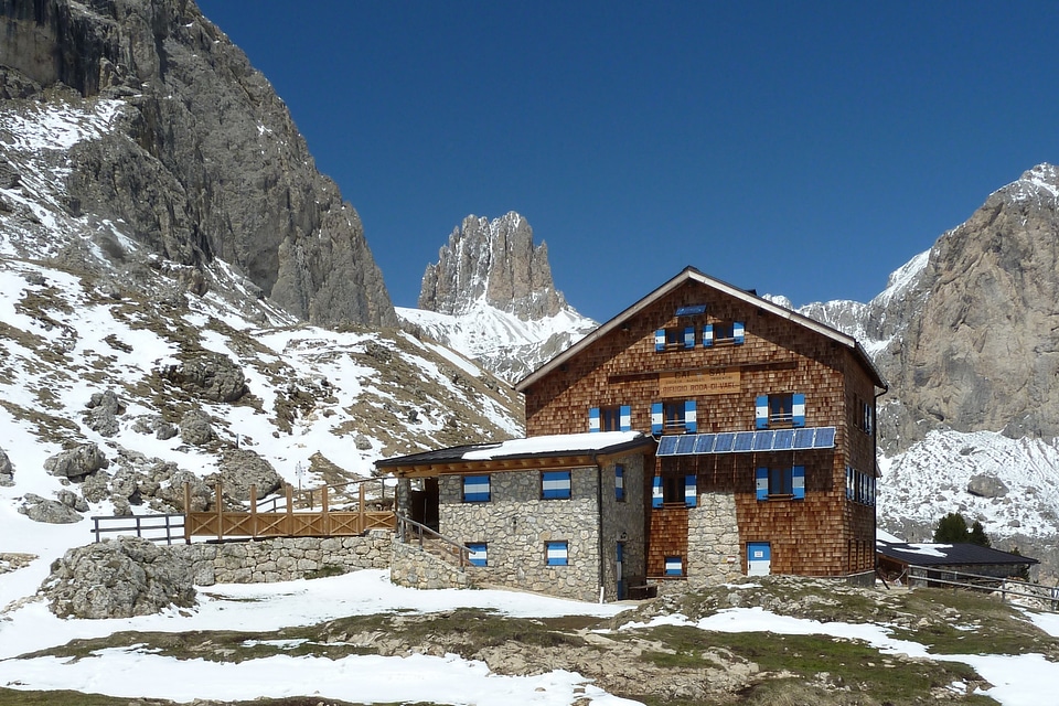 Roda di vael refuge in Dolomites, Val di Fassa, Italy