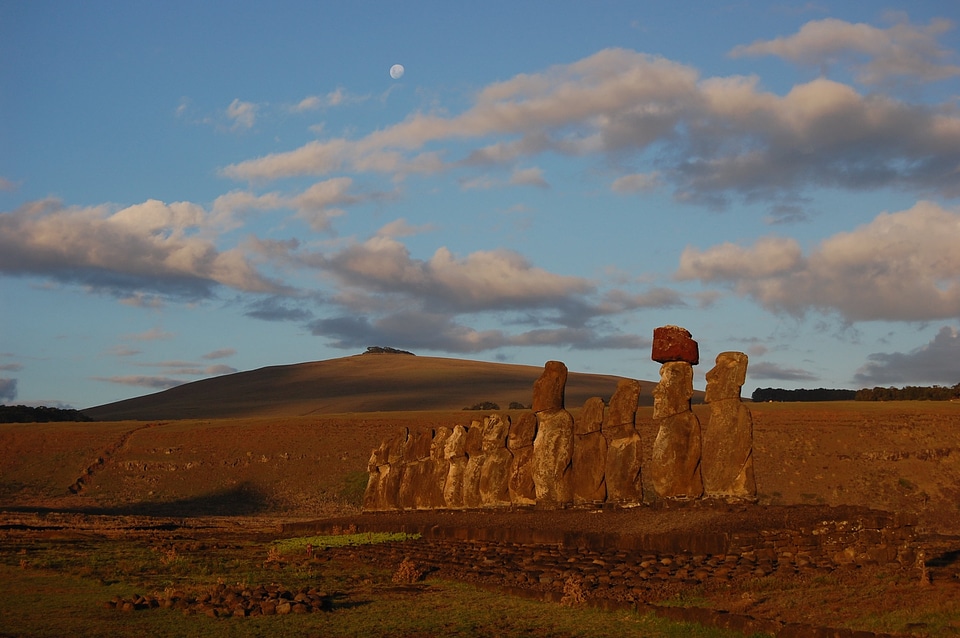 Moai at day's end facing inland
