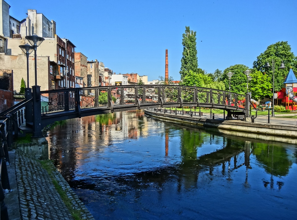 Bydgoszcz Canal with metal footbridge, Bydgoszcz, Poland photo