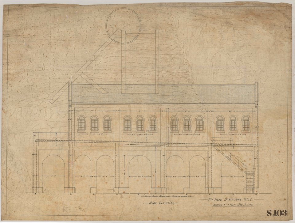 Side elevation, pit head structure, Richmond Main Colliery, Kurri Kurri, NSW