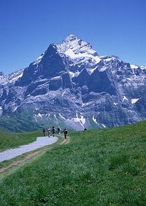 hikers team in the mountains. Matterhorn. Swiss Alps photo