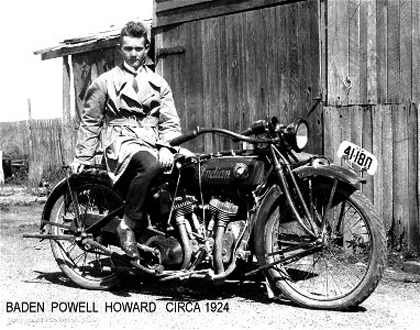 Baden Powell Howard astride Indian motorcycle, [1924] photo