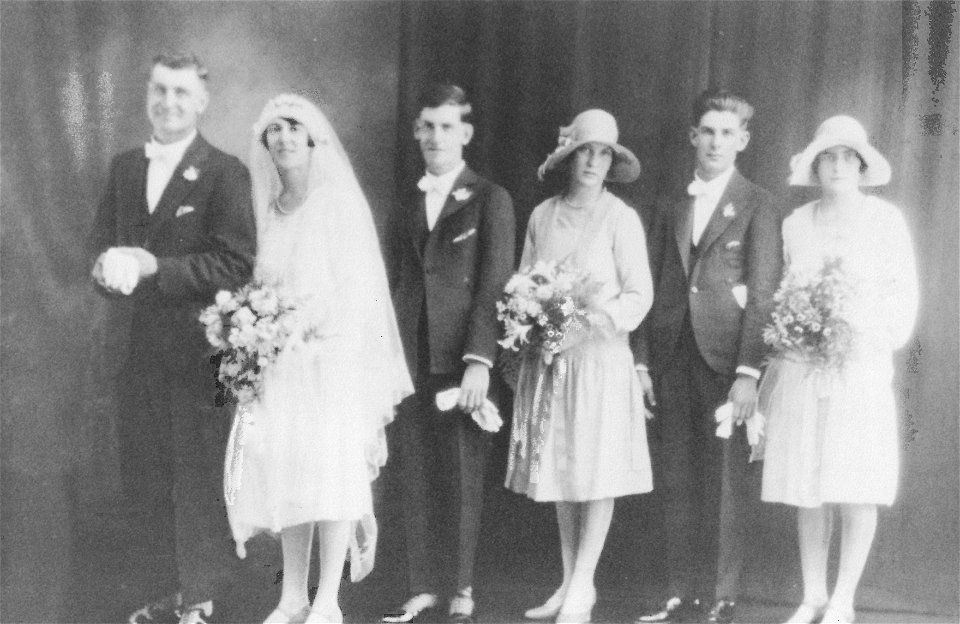 Wedding group Left to right: Archibald McGilvray, Gladys Foster, Raymond Foster, Myra McGilvray, Aubrey Foster, Netta Toms, 12 March 1937