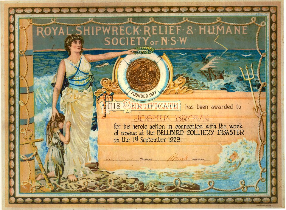 Royal Shipwreck Relief & Humane Society of NSW Certificate of Heroism for actions by Joshua Brown in the Bellbird Colliery Disaster, 1923