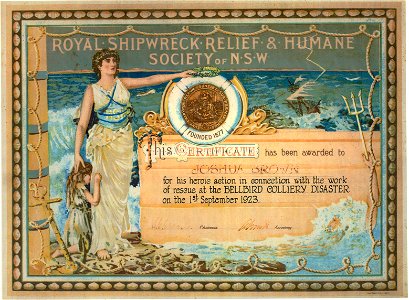 Royal Shipwreck Relief & Humane Society of NSW Certificate of Heroism for actions by Joshua Brown in the Bellbird Colliery Disaster, 1923
