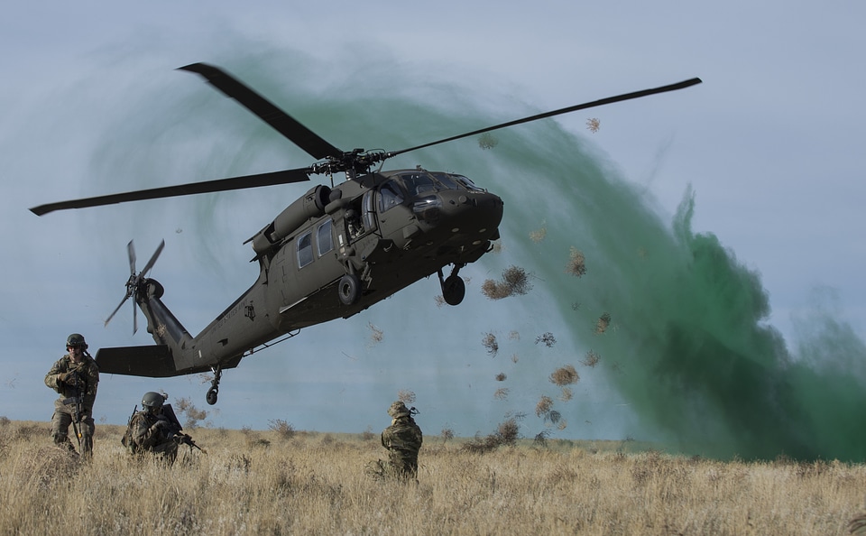 A UH-60 Black Hawk sets down during a capstone training event