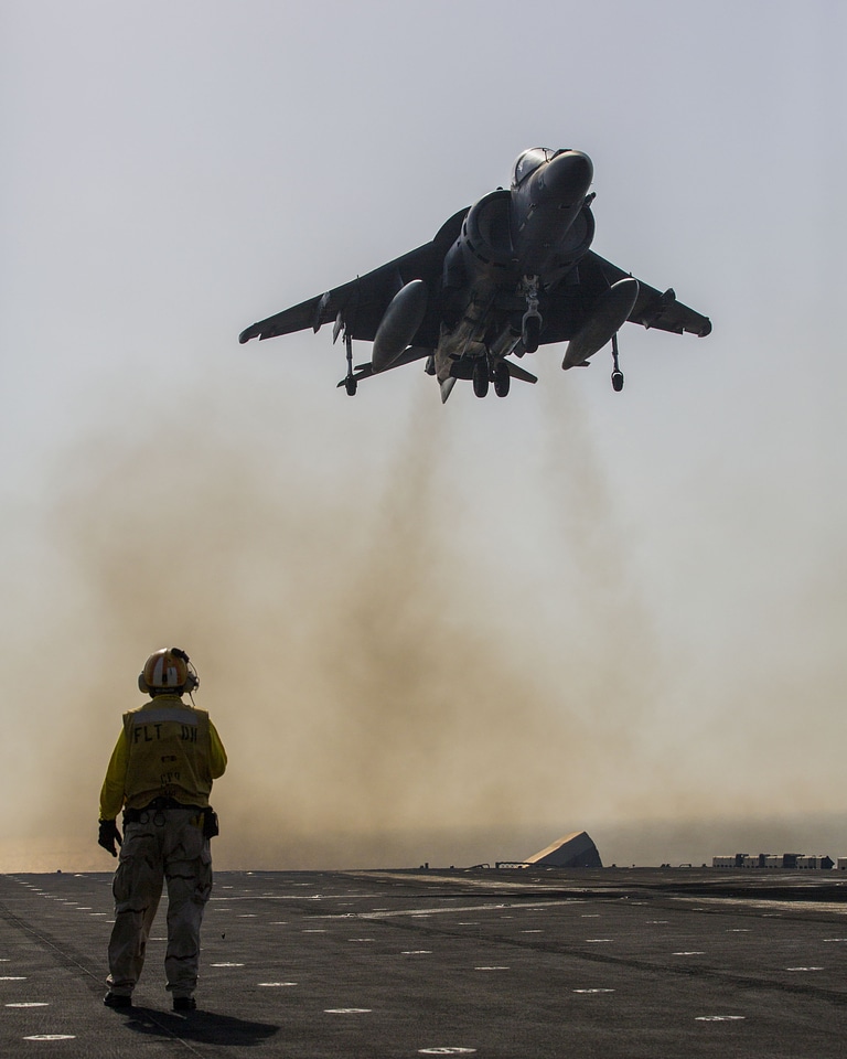 AV-8B Harrier lands on the flight deck