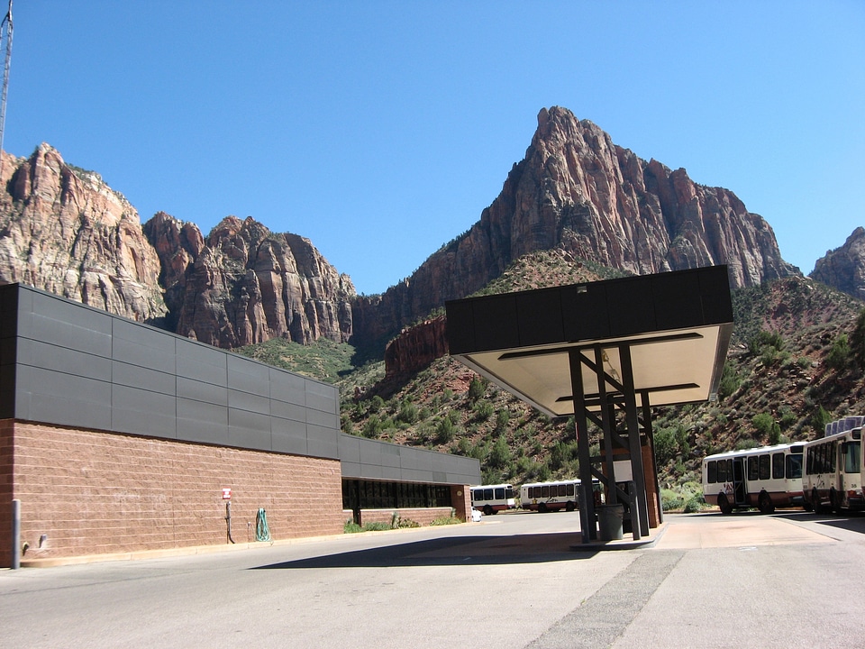 shuttle bus stops at the Visitor's Center in Zion