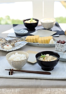 Soup and rice for traditional Japanese breakfast photo