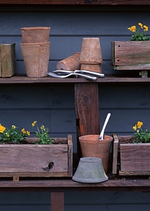 Rustic table with flower pots, potting soil, trowel and plants in photo