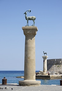Mandraki harbor and bronze deer statue - Island of Rhodes, Greece