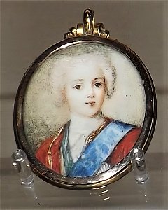 Bonnie Prince Charlie (Charles Edward Stuart) as a boy. Miniature Watercolour on ivory. Inverness Museum photo