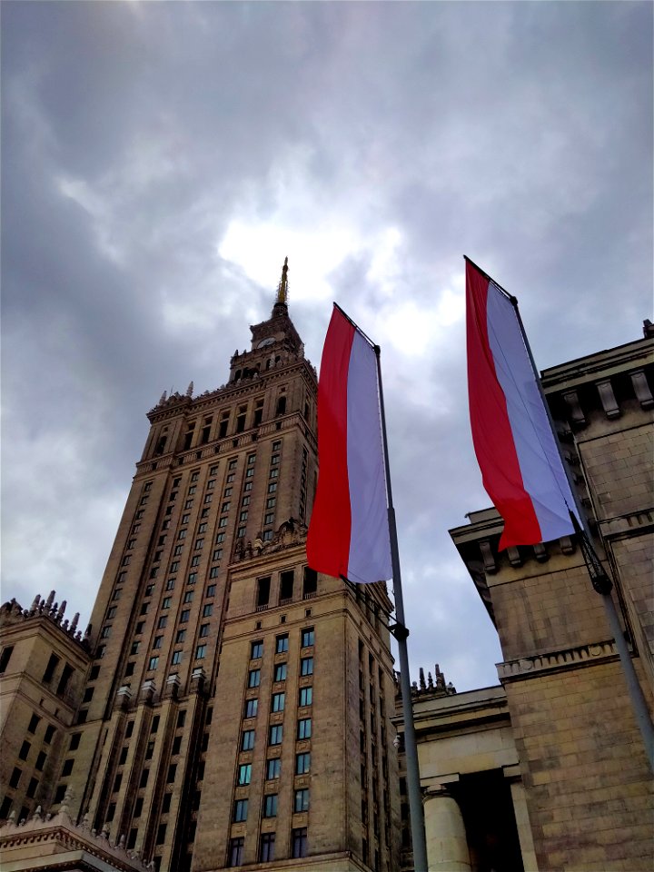 Poland flag in the Palace of Culture in Warsaw