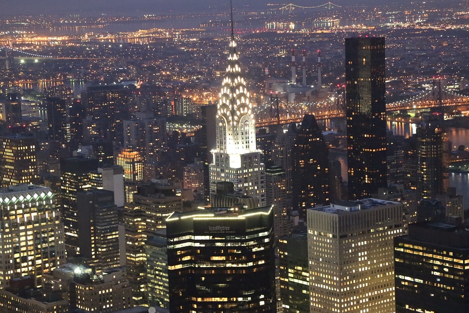New York City skyline with urban skyscrapers at sunset.