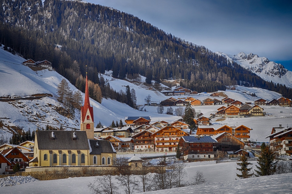Winter mountain village landscape with snow Gsies Italy