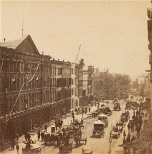 Aerial view of buildings on Broadway draped with mourning cloth in preparation for Abraham Lincoln's funeral procession. Historical Photo. Down Broadway, from below Wall Street photo
