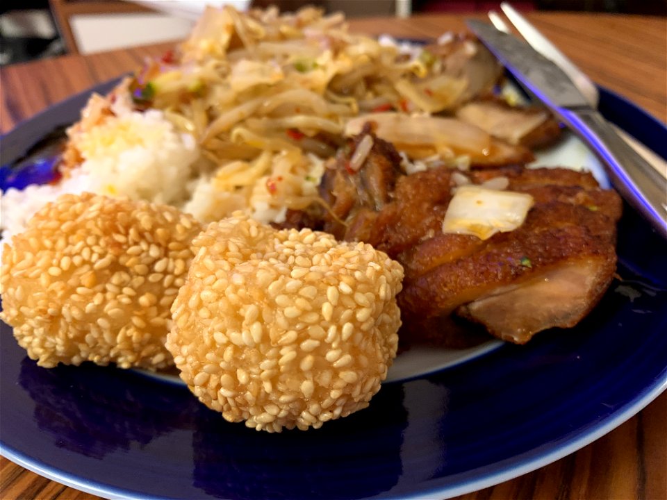 Chinese duck with Soja vegetables, rice, spicy souse and sesame balls as dessert served in a traditional chinese restaurant in Frankfurt DingDingSheng