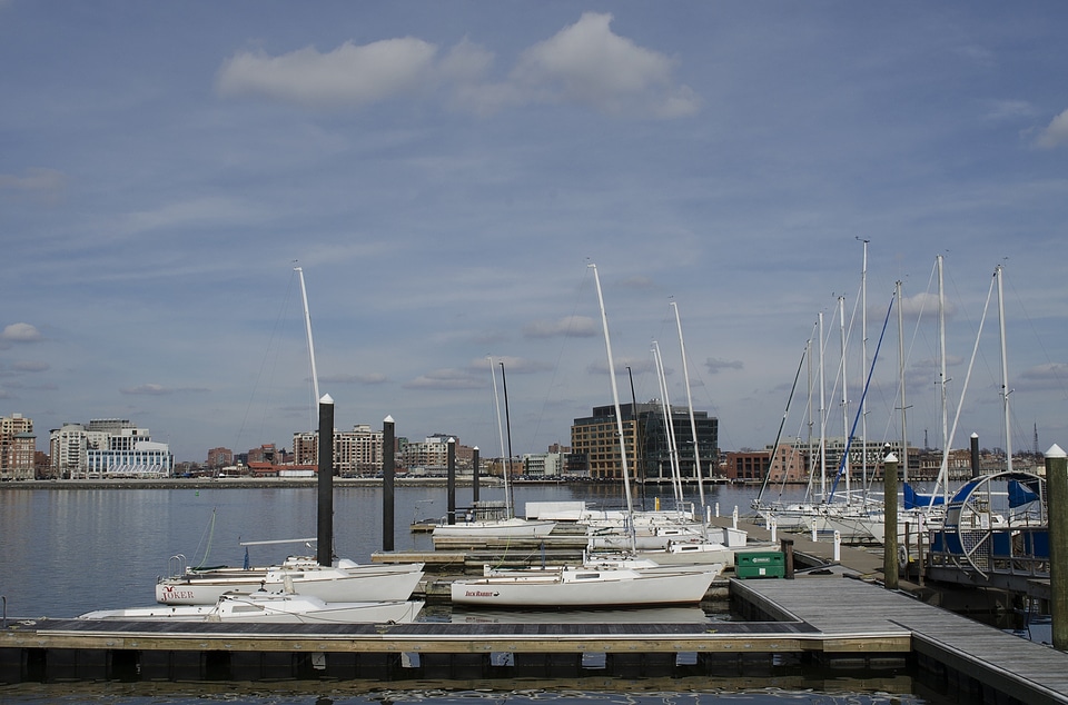 ships docked at the south end of the Inner Harbor in Baltimore
