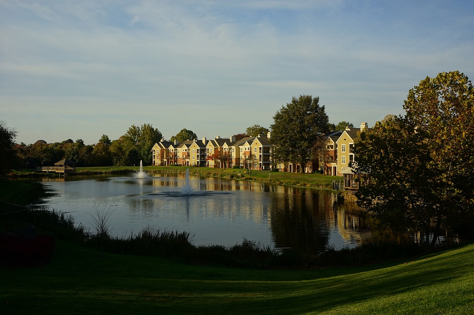 Apartment buildings on the shore of the pond