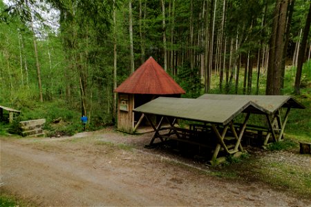 Kleine Kapelle im Wald mit Sitzbänken photo