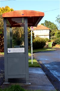 Bus shelter and bus stop sign, Ngāmotu New Plymouth, Taranaki, New Zealand