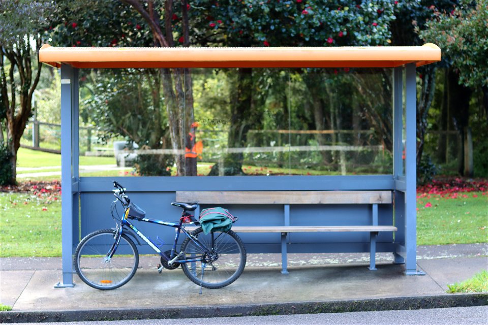 Bike parked in bus shelter, Ngāmotu New Plymouth, Taranaki, New Zealand