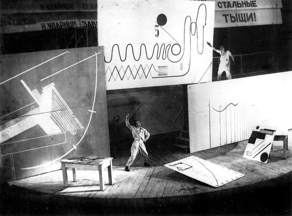 Meyerhold actuando en la obra "Los baños" de Mayakovsky