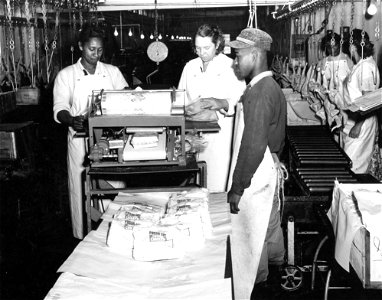 Processing chicken; unidentified workers