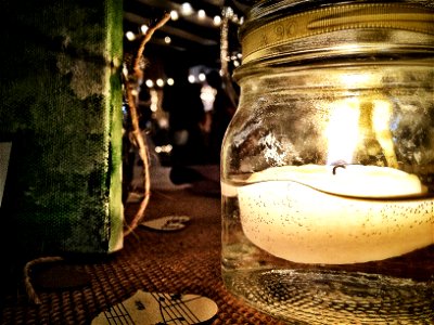 Vintage wedding barn reception. Floating Candles | Twine | Burlap | Mason Jars photo