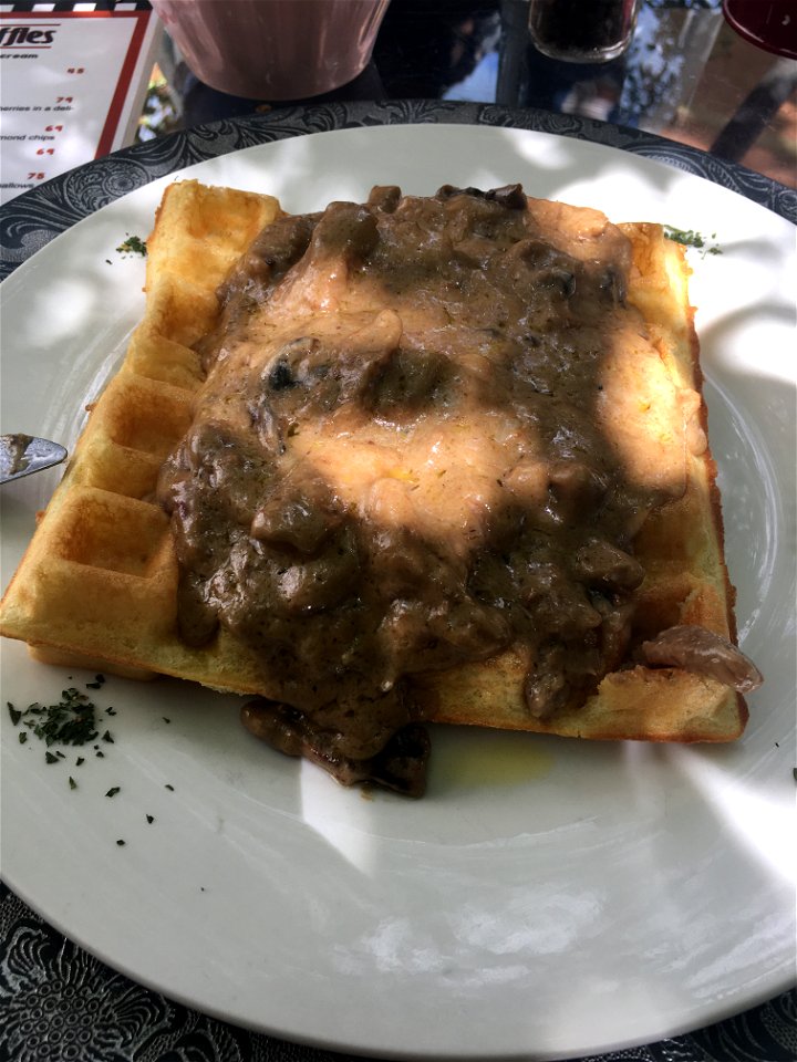 Maybe this looks not tasty for a lot but in true the taste is amazing. Its a Belgian waffles with chicken stripes and a creamy champion souse. Found in a small coffee shop in Dullstroom, South Africa, this meal is called hungry lion. photo