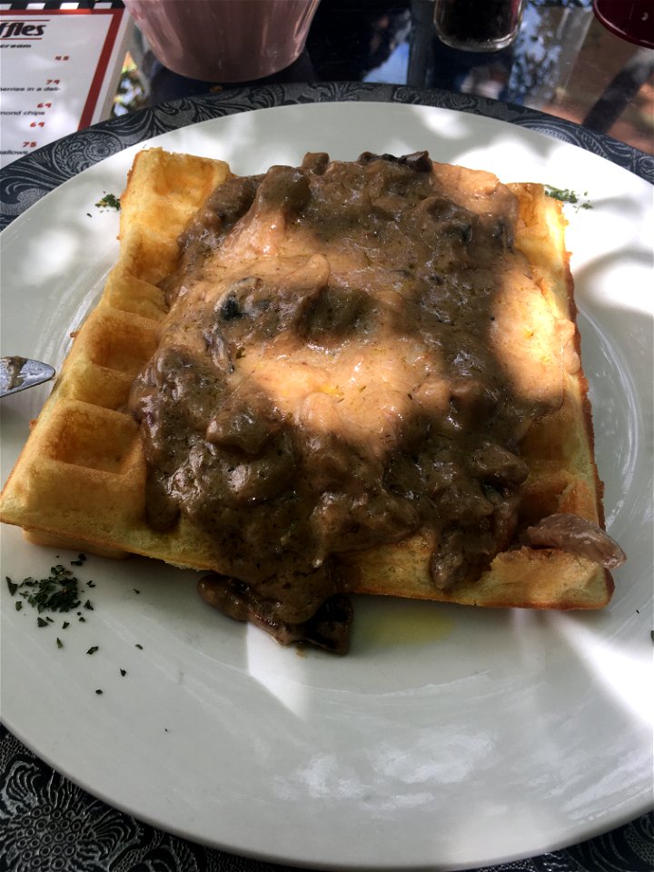 Maybe this looks not tasty for a lot but in true the taste is amazing. Its a Belgian waffles with chicken stripes and a creamy champion souse. Found in a small coffee shop in Dullstroom, South Africa, this meal is called hungry lion.