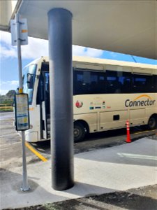 'The Connector' bus at the Bus Stop (temporary) outside Ngāmotu New Plymouth's Base Hospital. Destination Hāwera