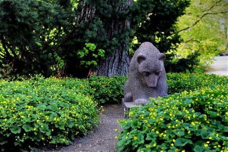 Bear statue in the flower bed photo