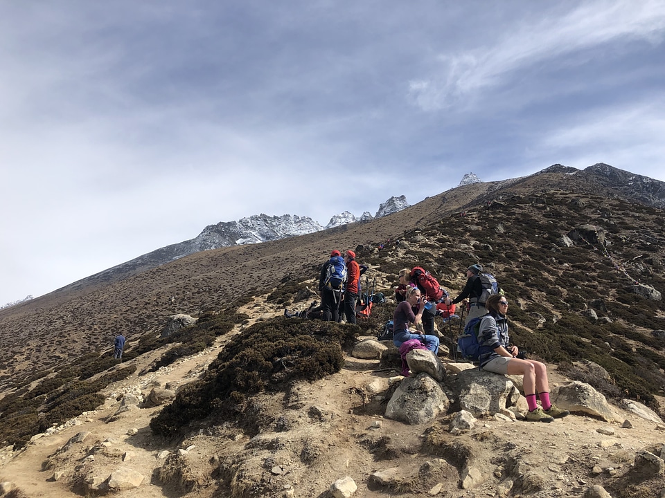 Group of trekkers on the way to Everest Himalaya