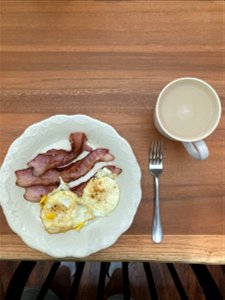 A breakfast of eggs, bacon, and tea