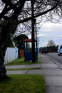 Far view of bus shelter and street, Ngāmotu New Plymouth, Taranaki, New Zealand