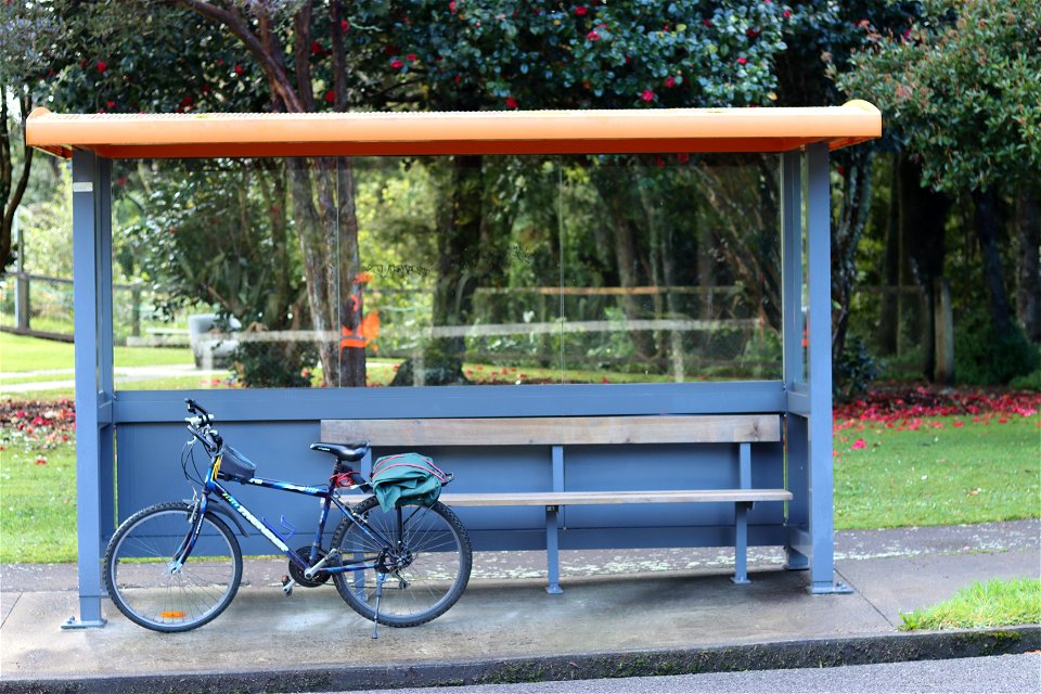 Bike parked in bus shelter, Ngāmotu New Plymouth, Taranaki, New Zealand
