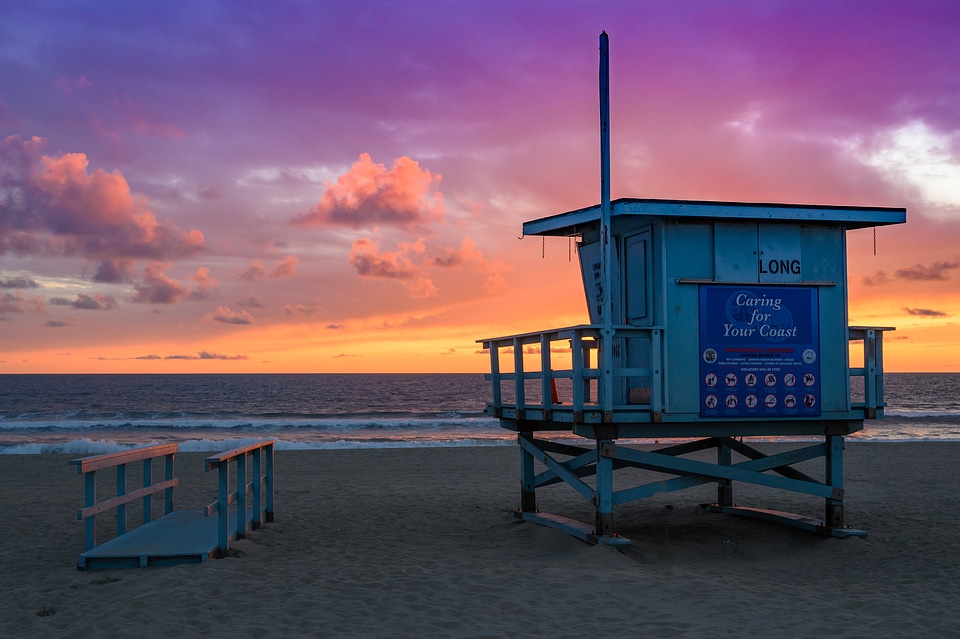 beach sunset with life guard tower