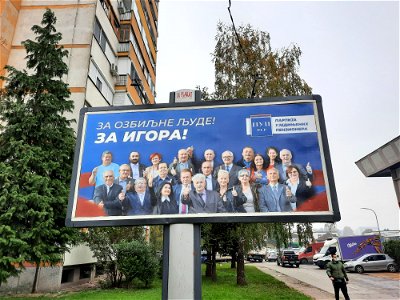 A billboard with Igor Radojičić's supporters from pensioner's party in Borik estate in Banja Luka
