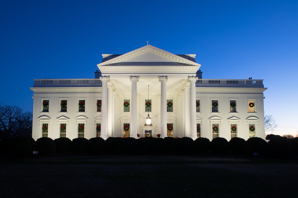 The White House at night with Christmas lighting