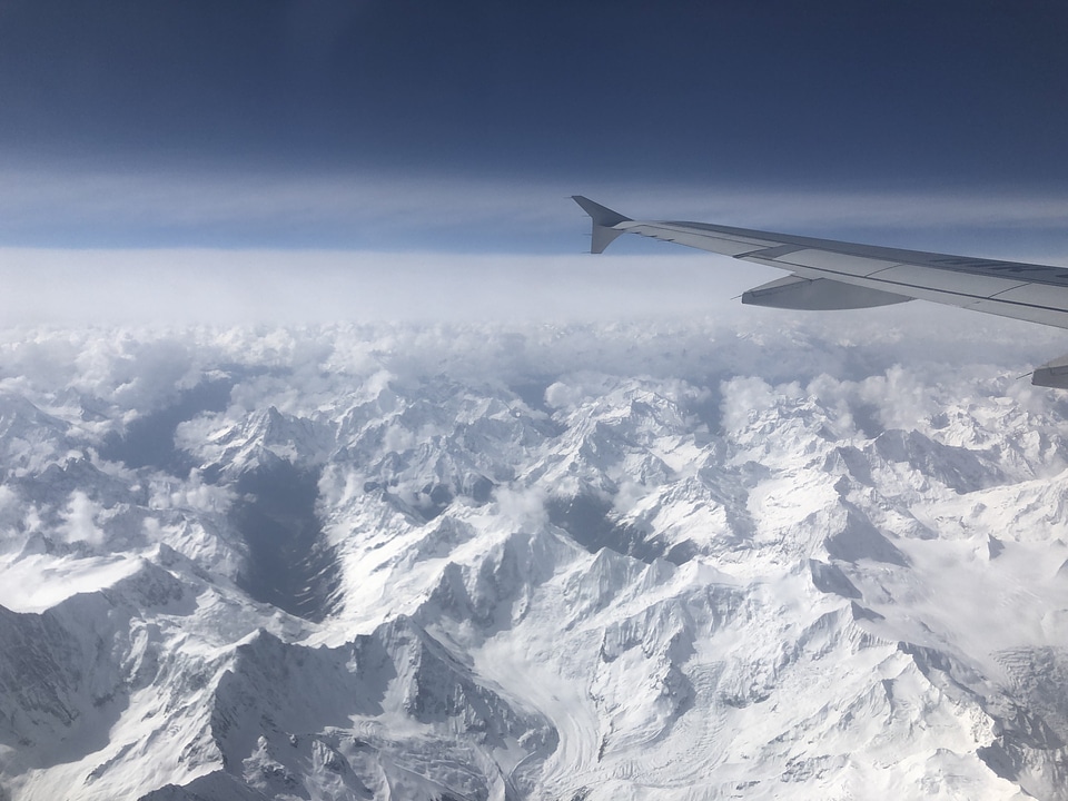 View of the Everest Mountain from the airplane window