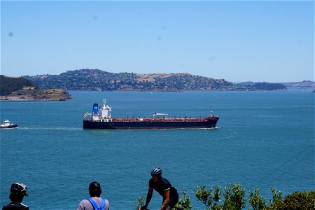 San Francisco Bay Container Ship with Cyclist