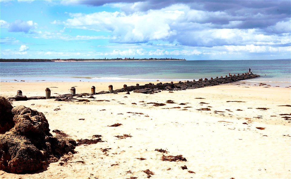 Towards Queenscliff, low tide with low cloud.